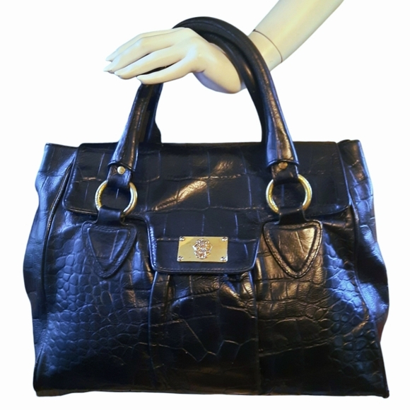 JUST CAVALLI Croc Embossed Leather Flap Front Top Handle Satchel Black w/ GHW - Picture 1 of 15